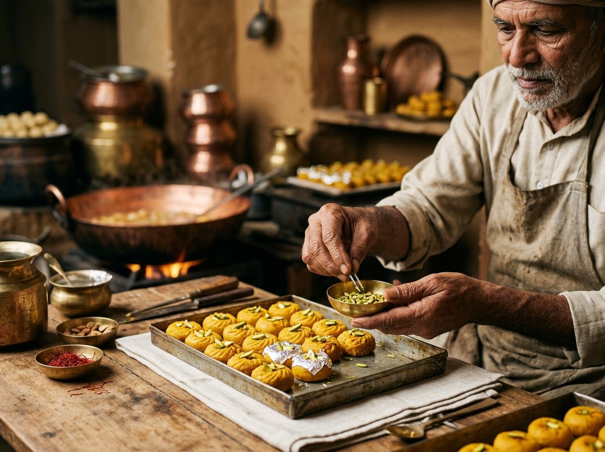 Master halwai artisan handcrafting traditional Indian sweets with pure ingredients and brass utensils