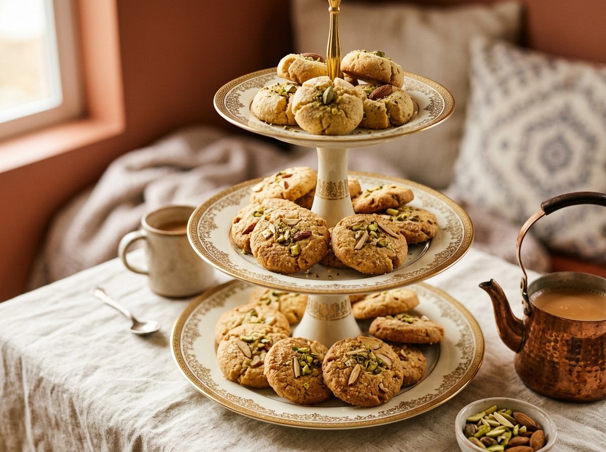 Artisanal cardamom nankhatai and Indian bakery cookies on tiered stand