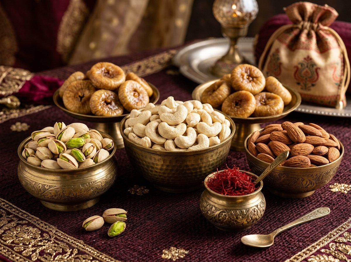 Gourmet selection of roasted California almonds, pistachios and cashews in brass vessels