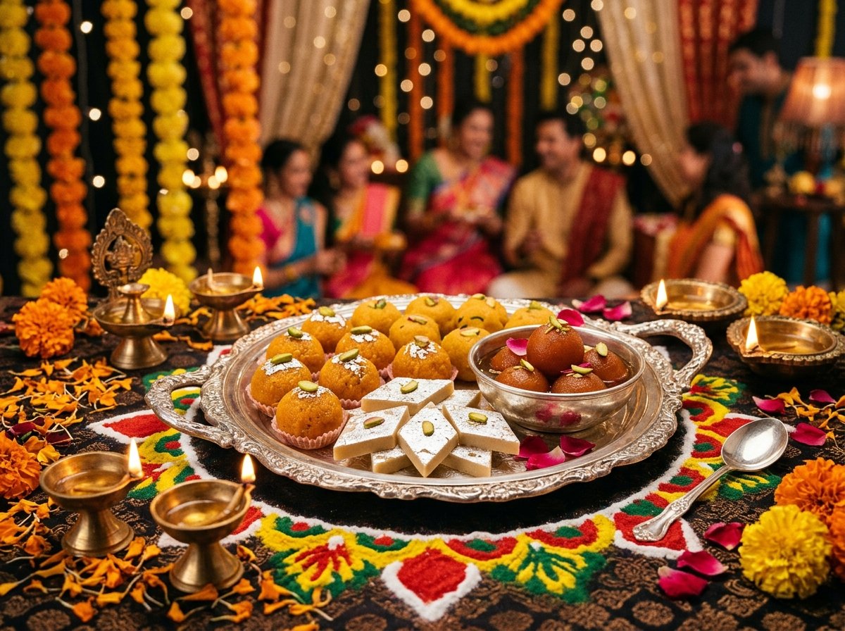 Diwali festive sweets celebration platter with glowing oil lamps and marigold flowers