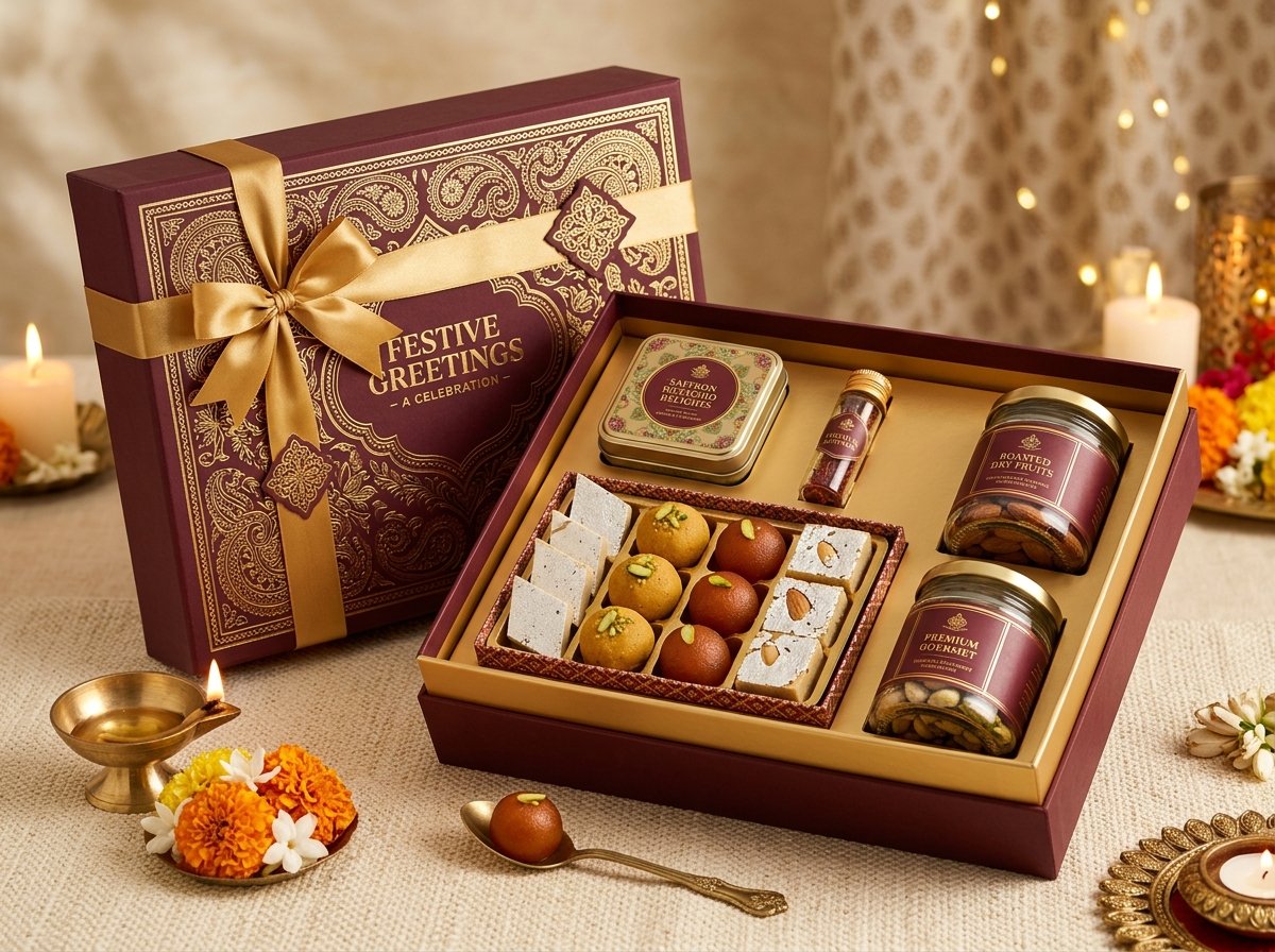Luxurious maroon and gold festive gift hamper box with mithai and roasted dry fruits