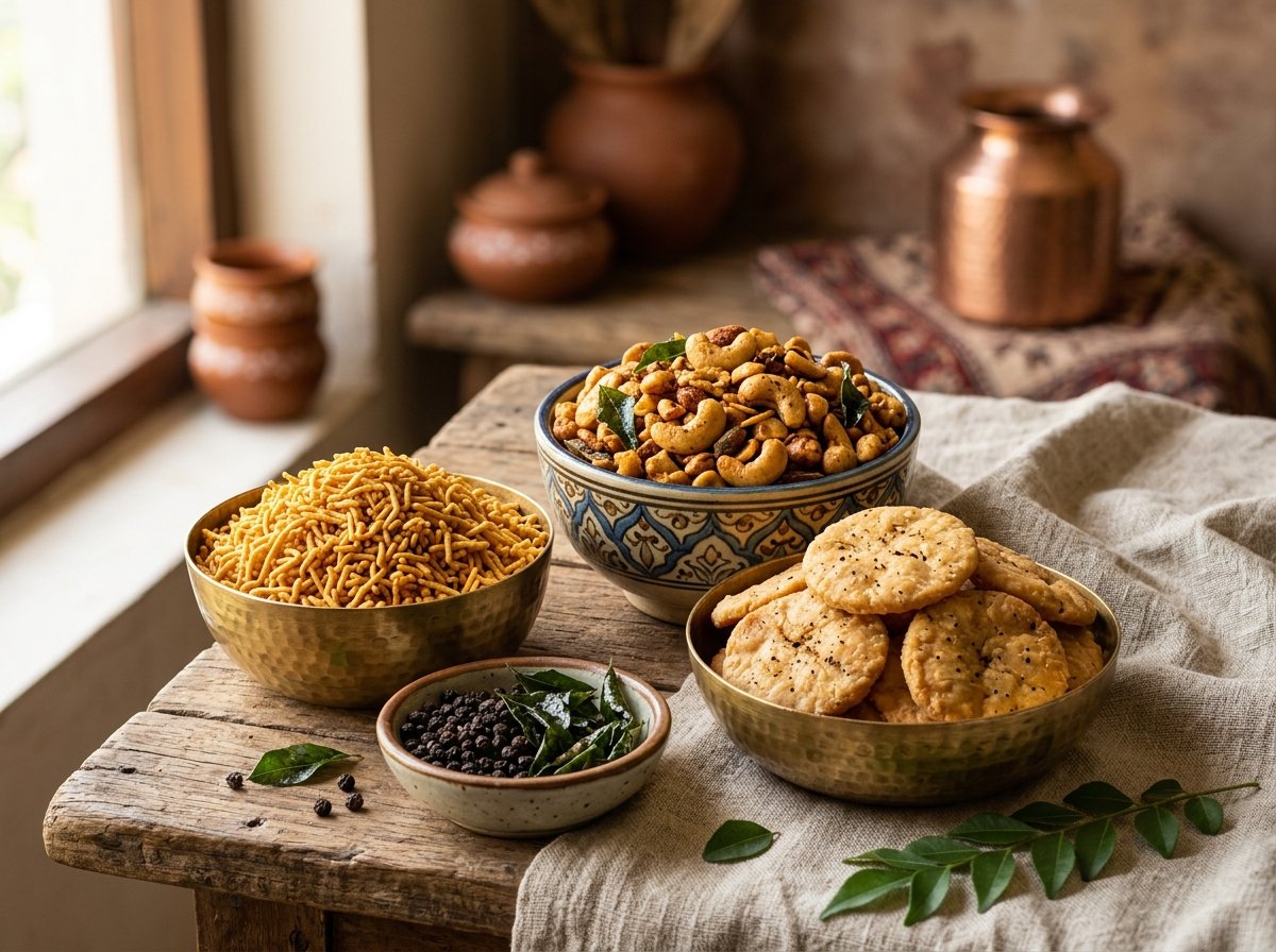 Artisanal Indian namkeen savory snacks in brass bowls