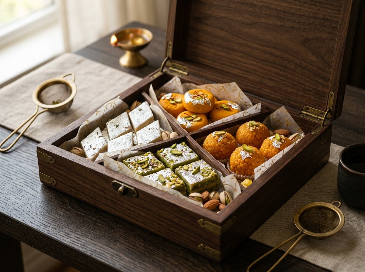 Premium Indian mithai assortment box with Kaju Katli and Ladoos