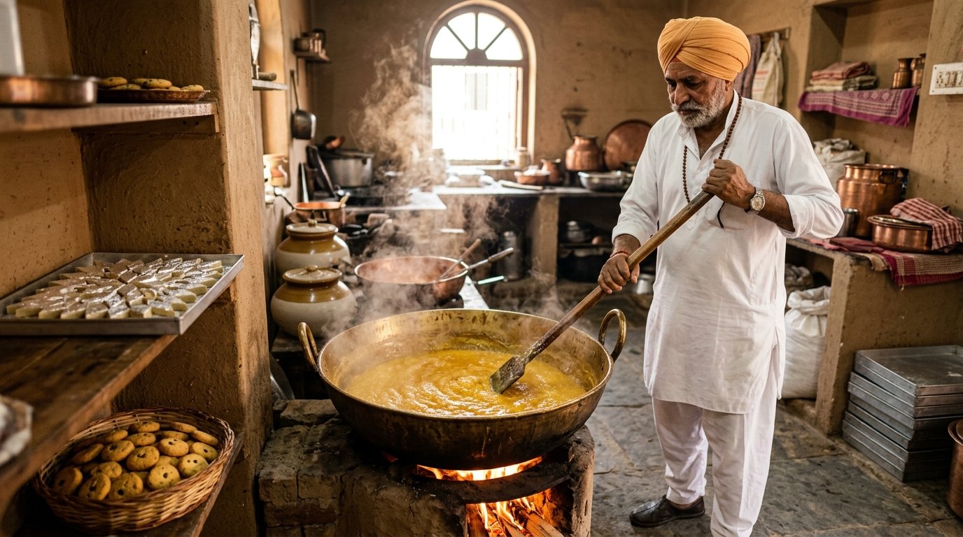Master Indian halwai artisan preparing pure desi ghee mithai in traditional brass kadhai