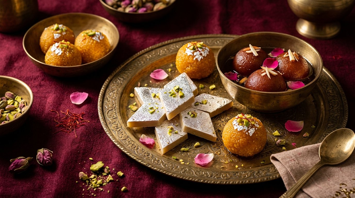 Luxury Indian sweets assortment with Kaju Katli, Motichoor Ladoo and Gulab Jamun on antique brass thali