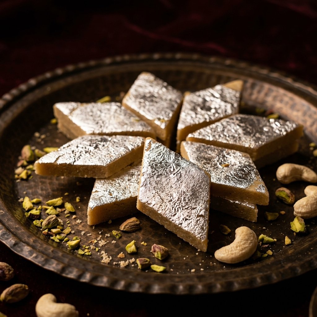 Diamond cut Kaju Katli with authentic silver leaf on antique brass dish