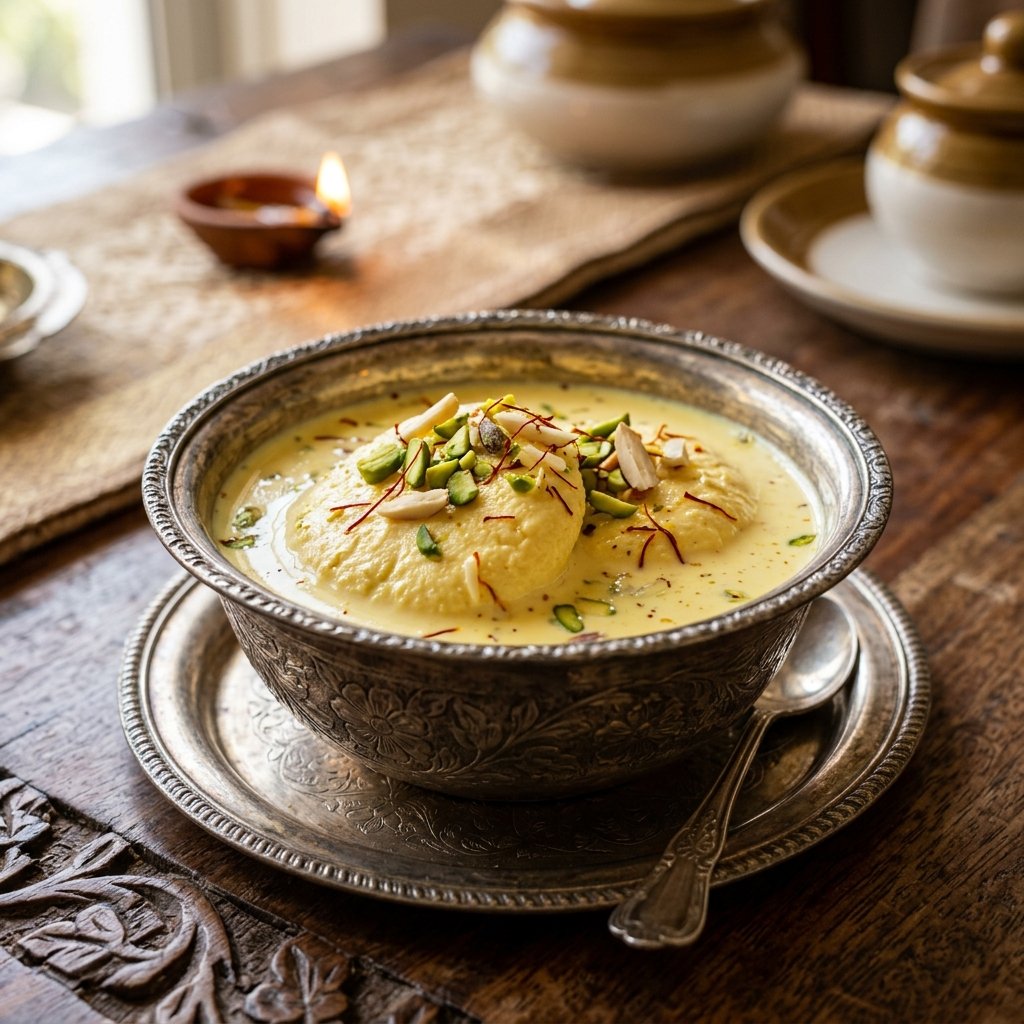 Delicate cottage cheese patties soaked in saffron clotted cream milk with pistachios